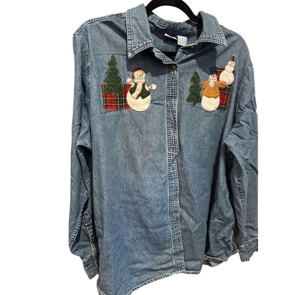 Holiday Editions Womens Denim Snowman‎ Christmas Tree Embroidered Shirt 1X Blue